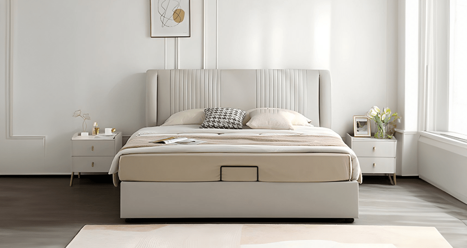 Innovative hydraulic bed, maximizing storage elegantly at Estre Furniture.