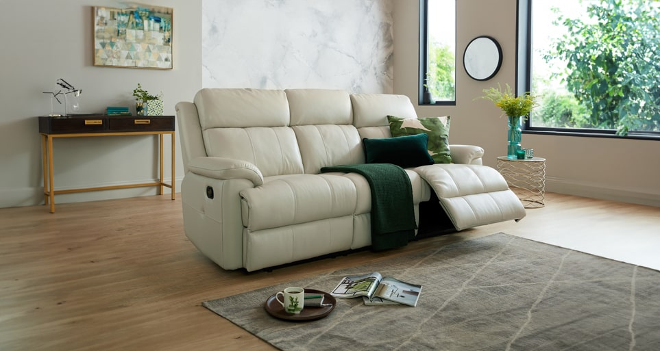 Elegant leather reclining sofa, timeless style meets comfort at Estre.