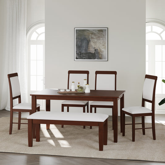 ESTRE Elderberry Solid  Wood 6-Seater Dinning Table | 4-Cushioned Fabric Dining Chair  | 1-Cushioned Fabric Dining Bench in Walnut Finish