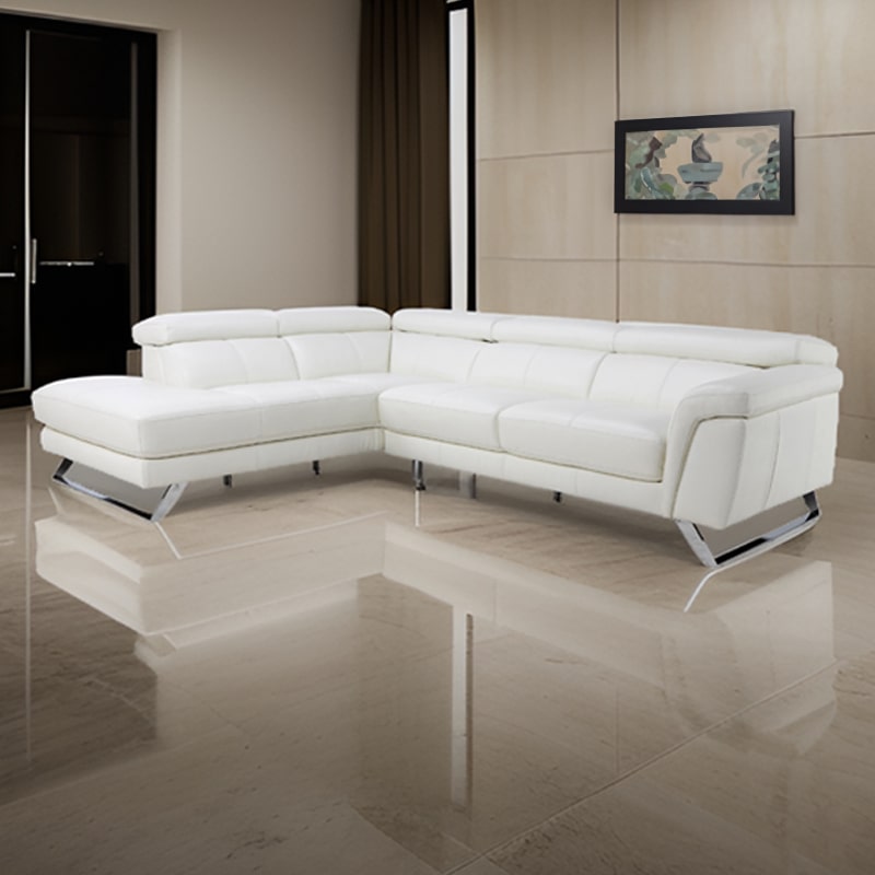 L Shape Sofa Felini 5 Seater white Italian Leather Sofa with SS legs and movable Head rest