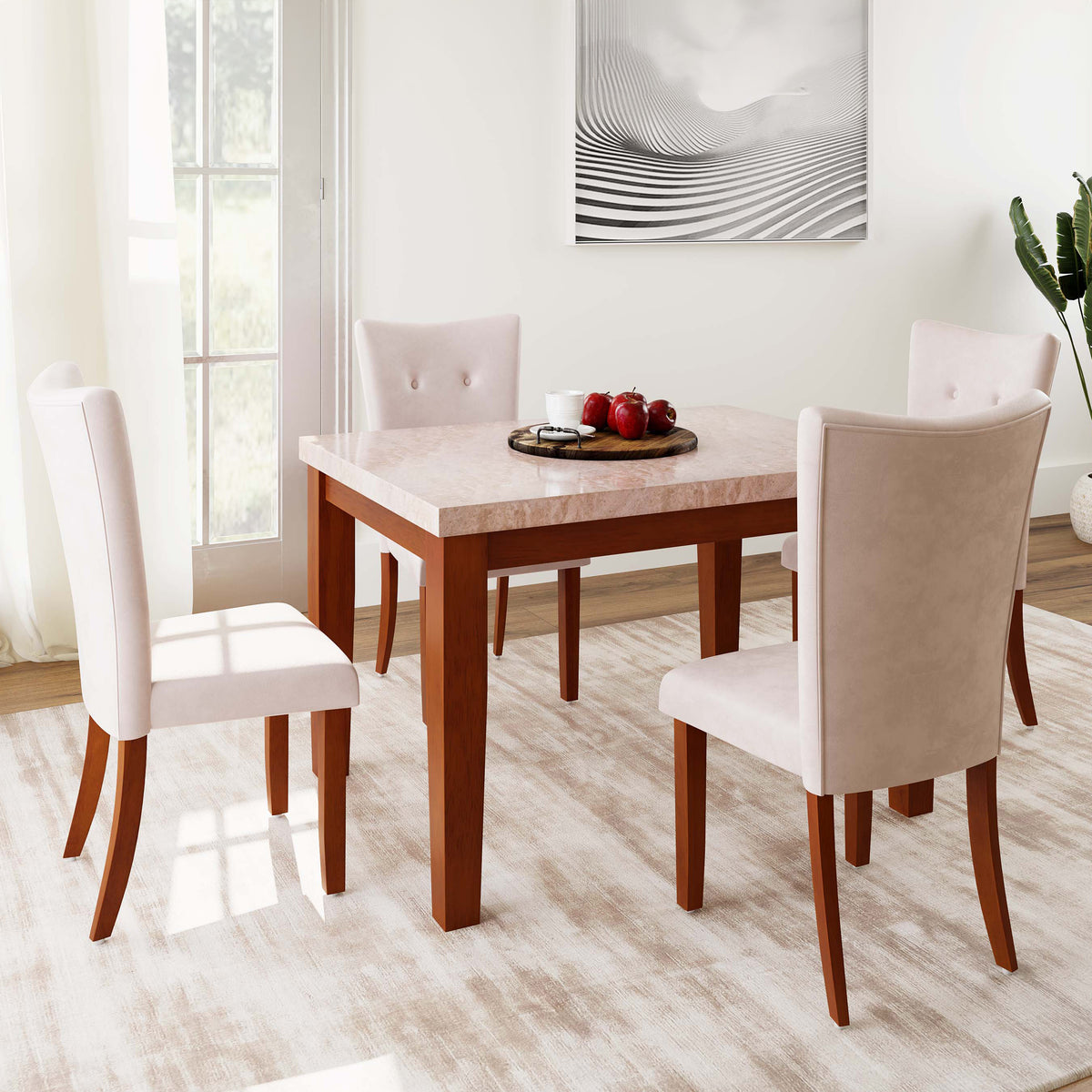 ESTRE Anemone Solid wood 4-Seater Marble Top Dining Table With 4 Upholstery Chairs in Walnut Color