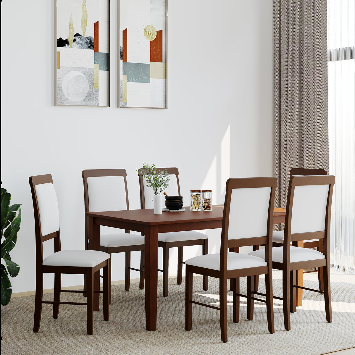 ESTRE Elderberry Solid  6-Seater Dinning Table | 6-Cushioned Fabric Dining Chair in Walnut Finish