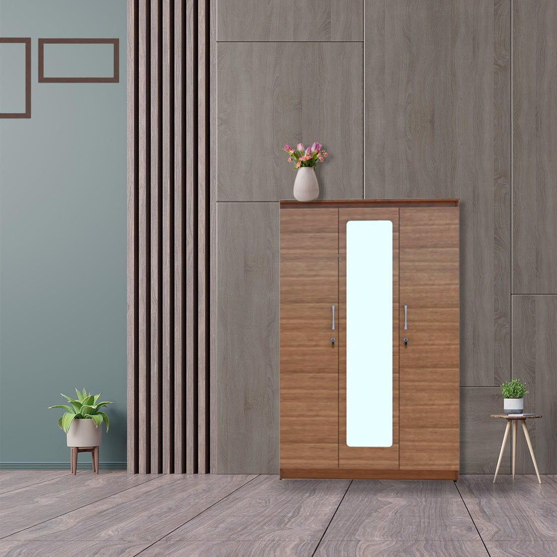 ESTRE Jasmine 3 Door Wardrobe With Mirror In Teak Colour